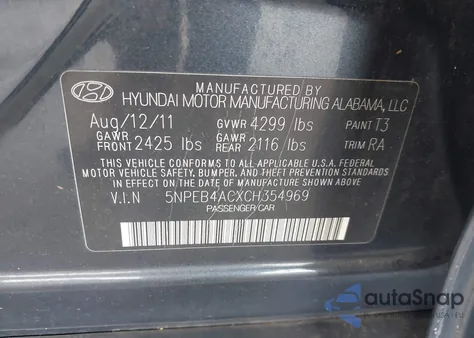 2012 Hyundai Sonata Gls z USA, uszkodzony, nr VIN 5NPEB4ACXCH354969